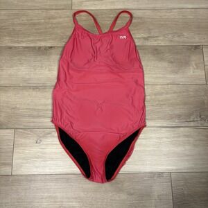 Tyr Womens Swimsuit Open Back One Piece Solid Pink Black Ruched Bottom L